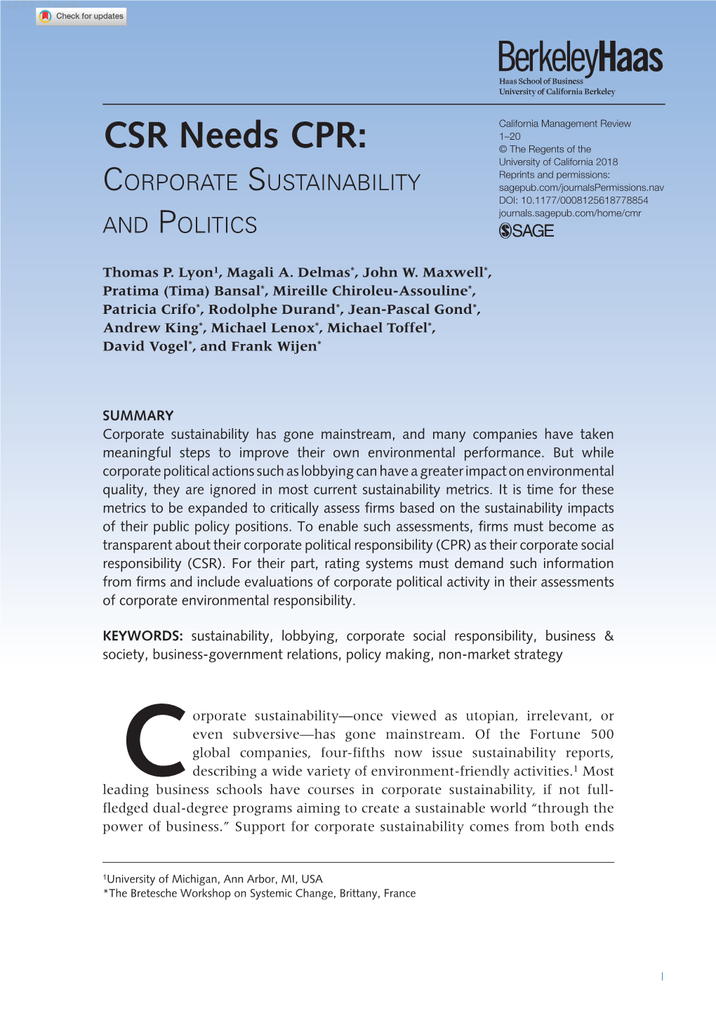 CSR Needs CPR: Corporate Sustainability and Politics 778854Research-Article2018