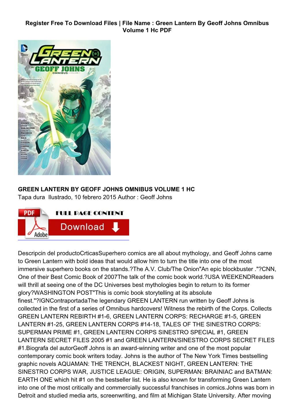 Register Free to Download Files | File Name : Green Lantern by Geoff Johns Omnibus Volume 1 Hc PDF