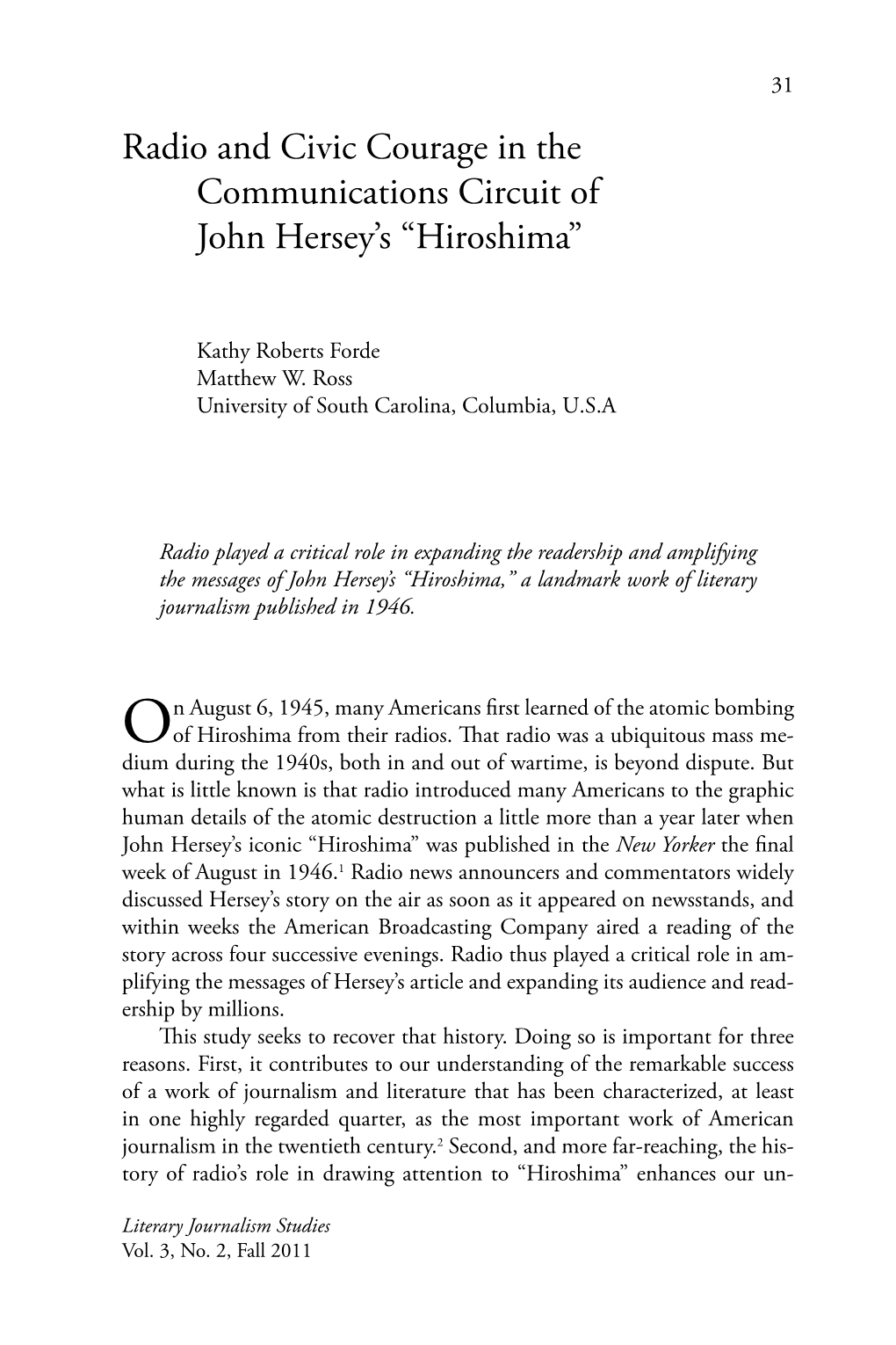 Radio and Civic Courage in the Communications Circuit of John Hersey’S “Hiroshima”