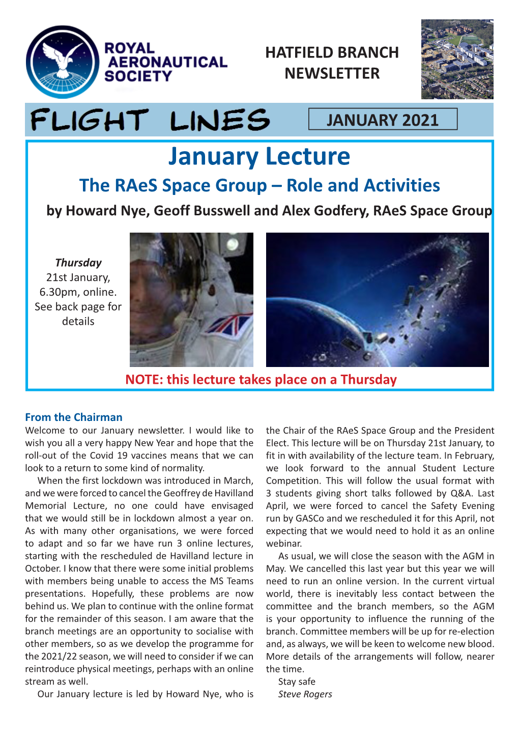 January Lecture the Raes Space Group – Role and Activities by Howard Nye, Geoff Busswell and Alex Godfery, Raes Space Group