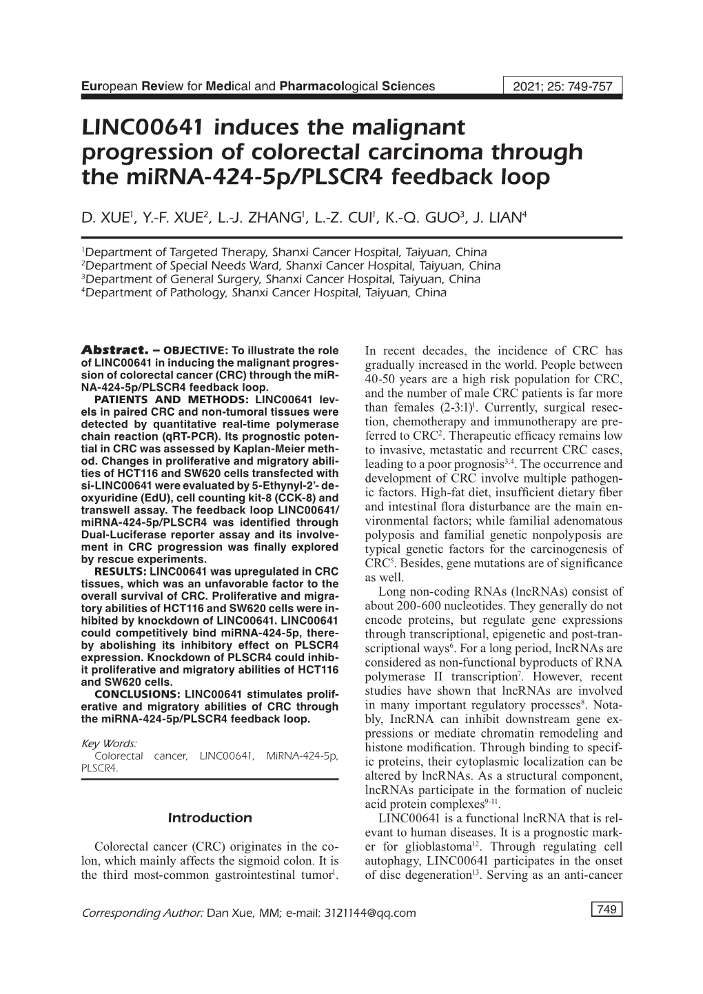 LINC00641 Induces the Malignant Progression of Colorectal Carcinoma Through the Mirna-424-5P/PLSCR4 Feedback Loop