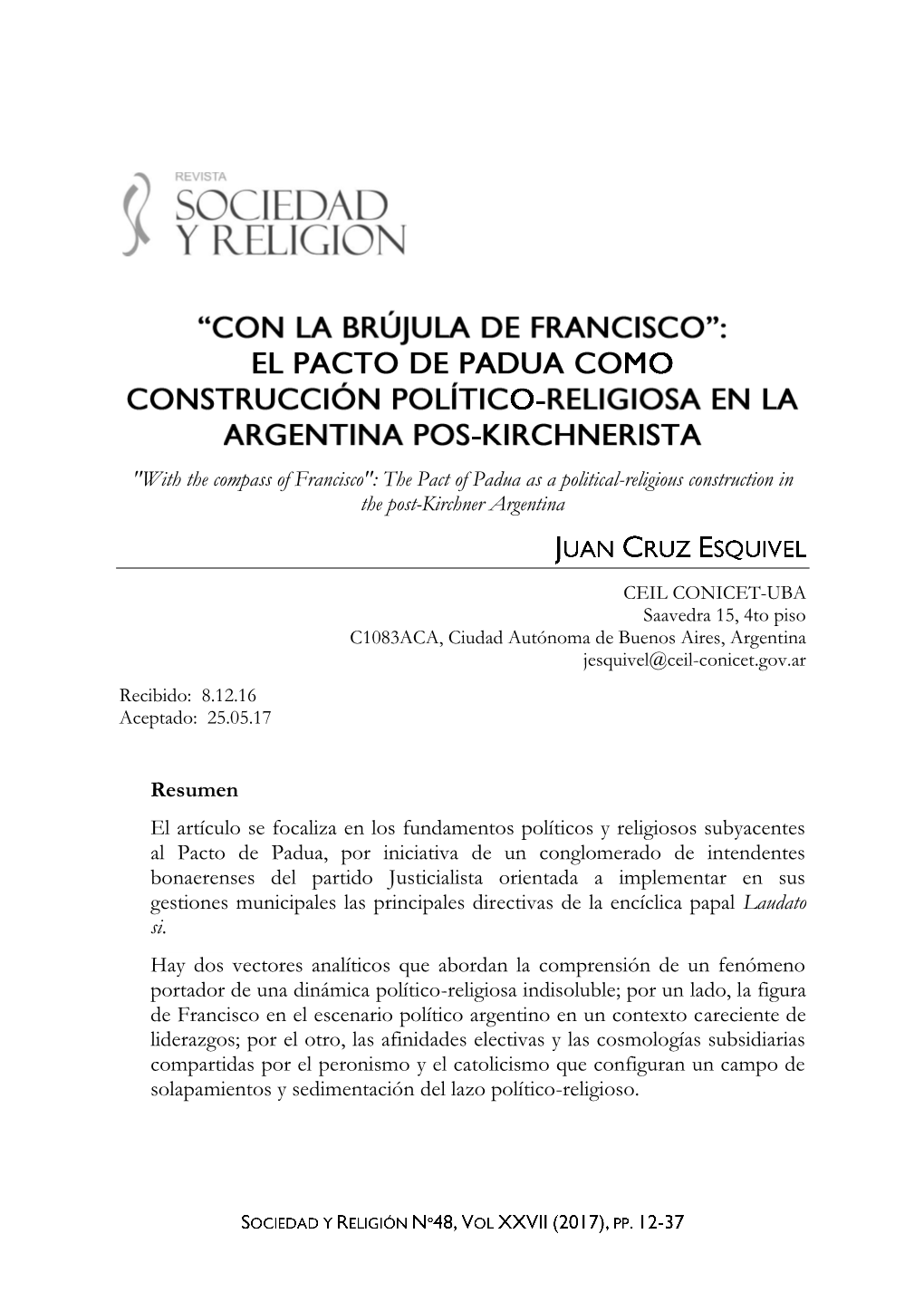 The Pact of Padua As a Political-Religious Construction in the Post-Kirchner Argentina