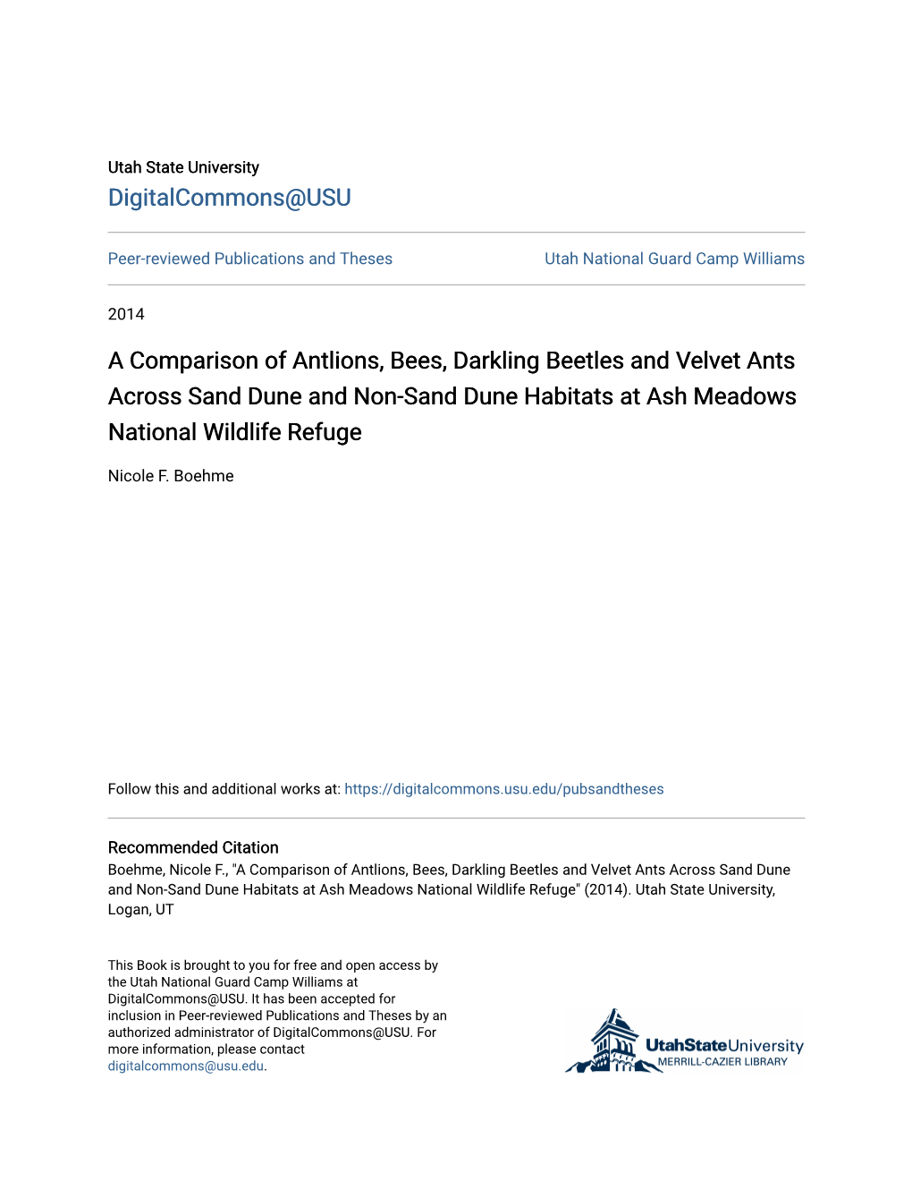 A Comparison of Antlions, Bees, Darkling Beetles and Velvet Ants Across Sand Dune and Non-Sand Dune Habitats at Ash Meadows National Wildlife Refuge