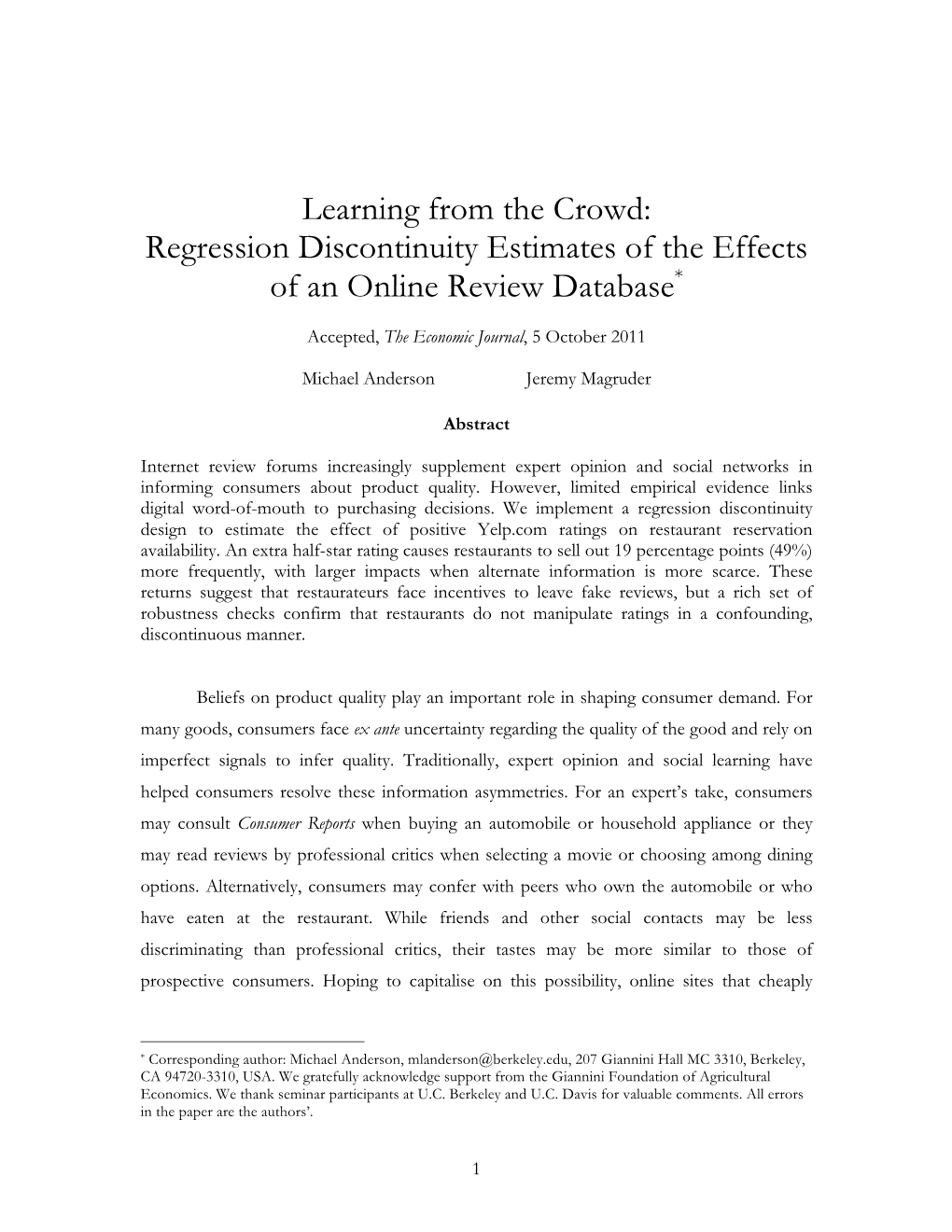 Regression Discontinuity Estimates of the Effects of an Online Review