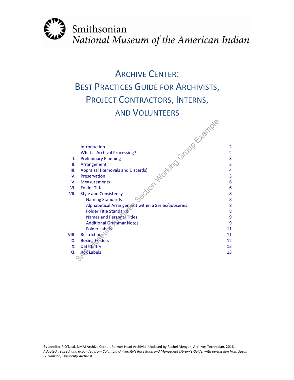 Archive Center: Best Practices Guide for Archivists, Project Contractors, Interns, and Volunteers