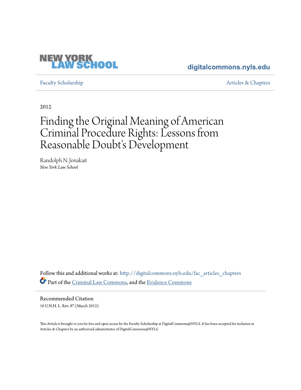 Finding the Original Meaning of American Criminal Procedure Rights: Lessons from Reasonable Doubt's Development Randolph N
