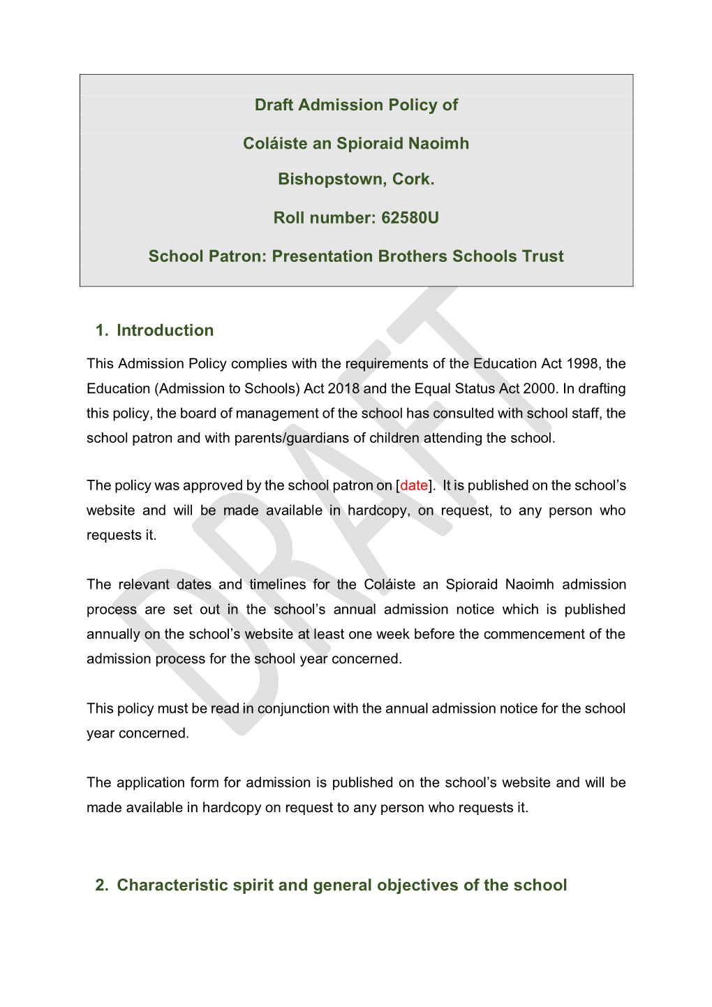 Draft Admission Policy of Coláiste an Spioraid Naoimh Bishopstown