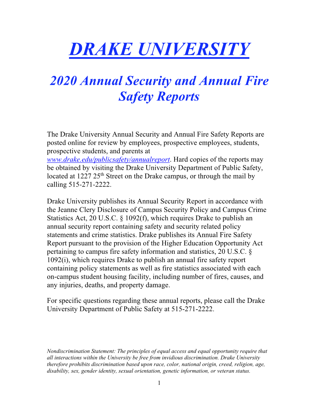 2020 Annual Security and Fire Safety Reports