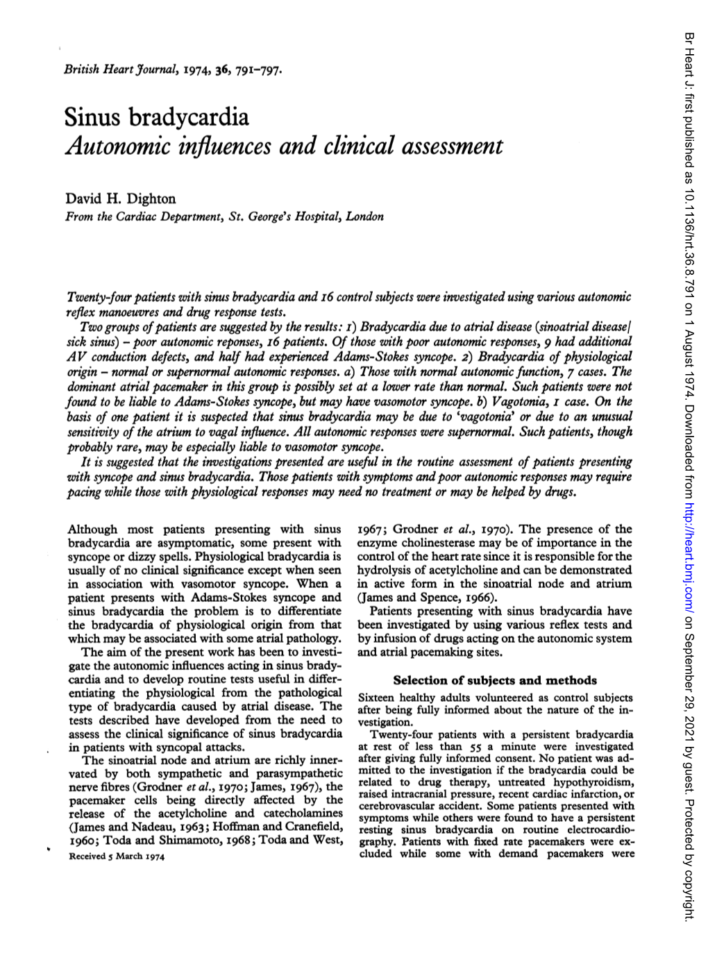 Sinus Bradycardia Autonomic Influences and Clinical Assessment