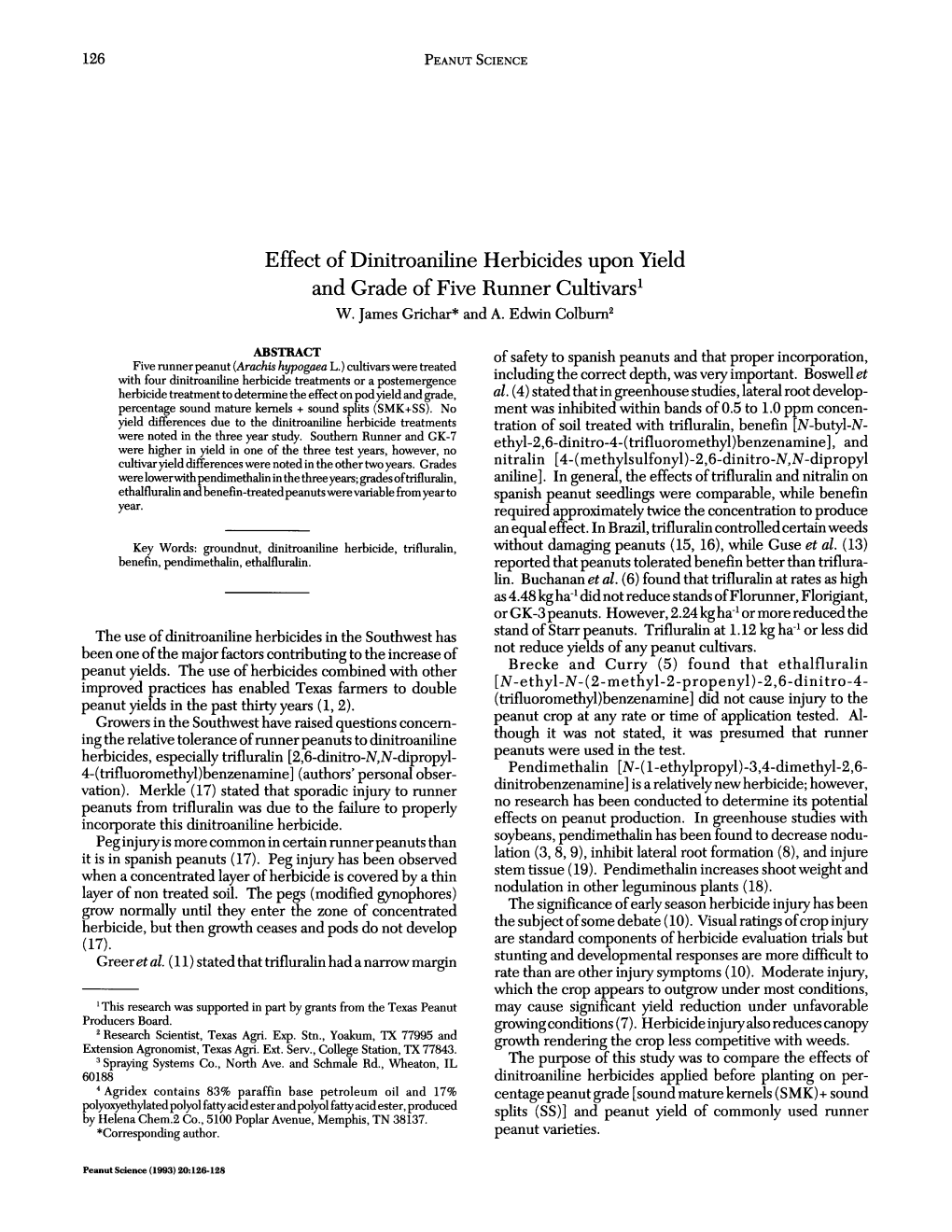 Effect of Dinitroaniline Herbicides Upon Yield and Grade of Five Runner Cultivars' W