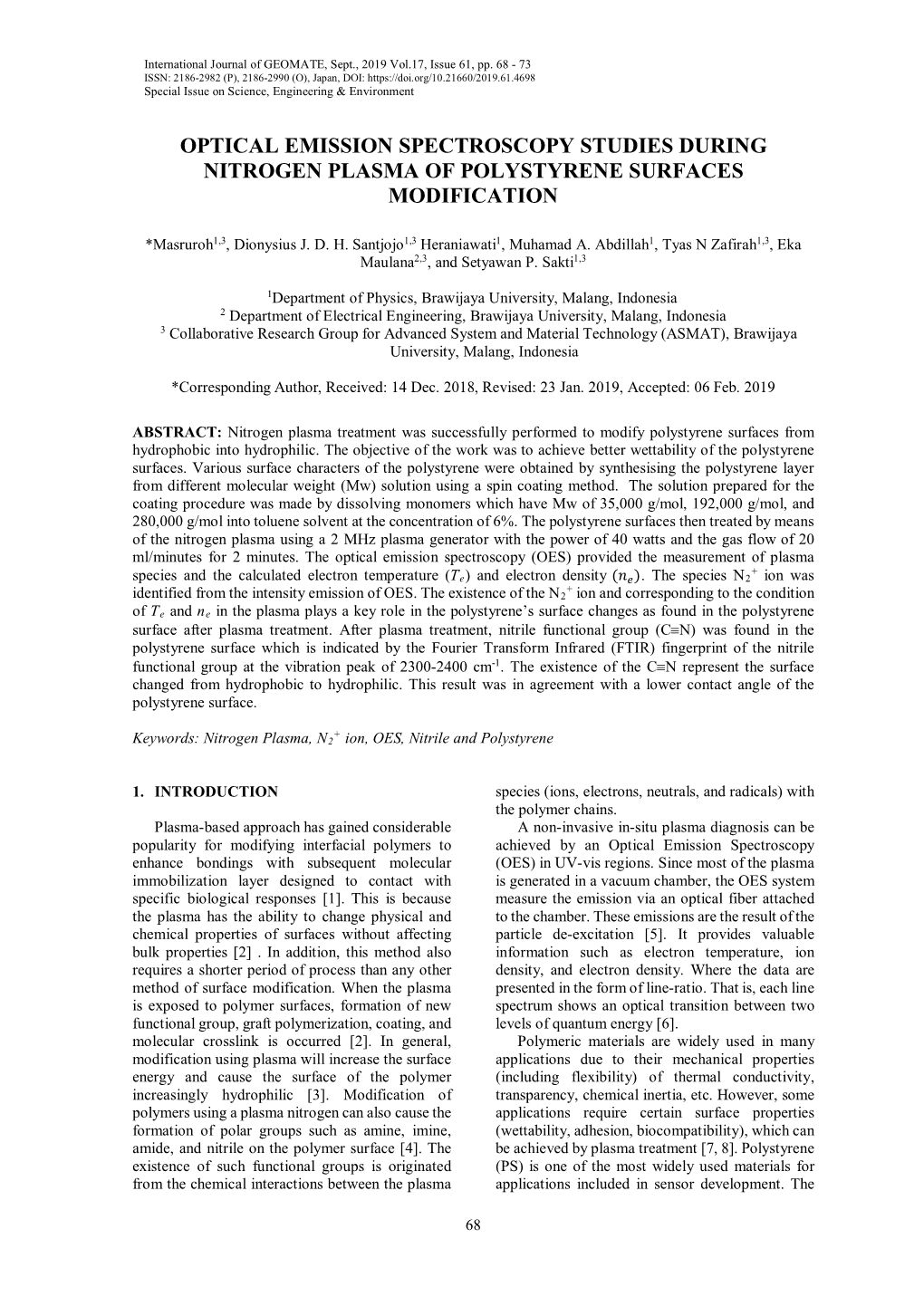 Optical Emission Spectroscopy Studies During Nitrogen Plasma of Polystyrene Surfaces Modification