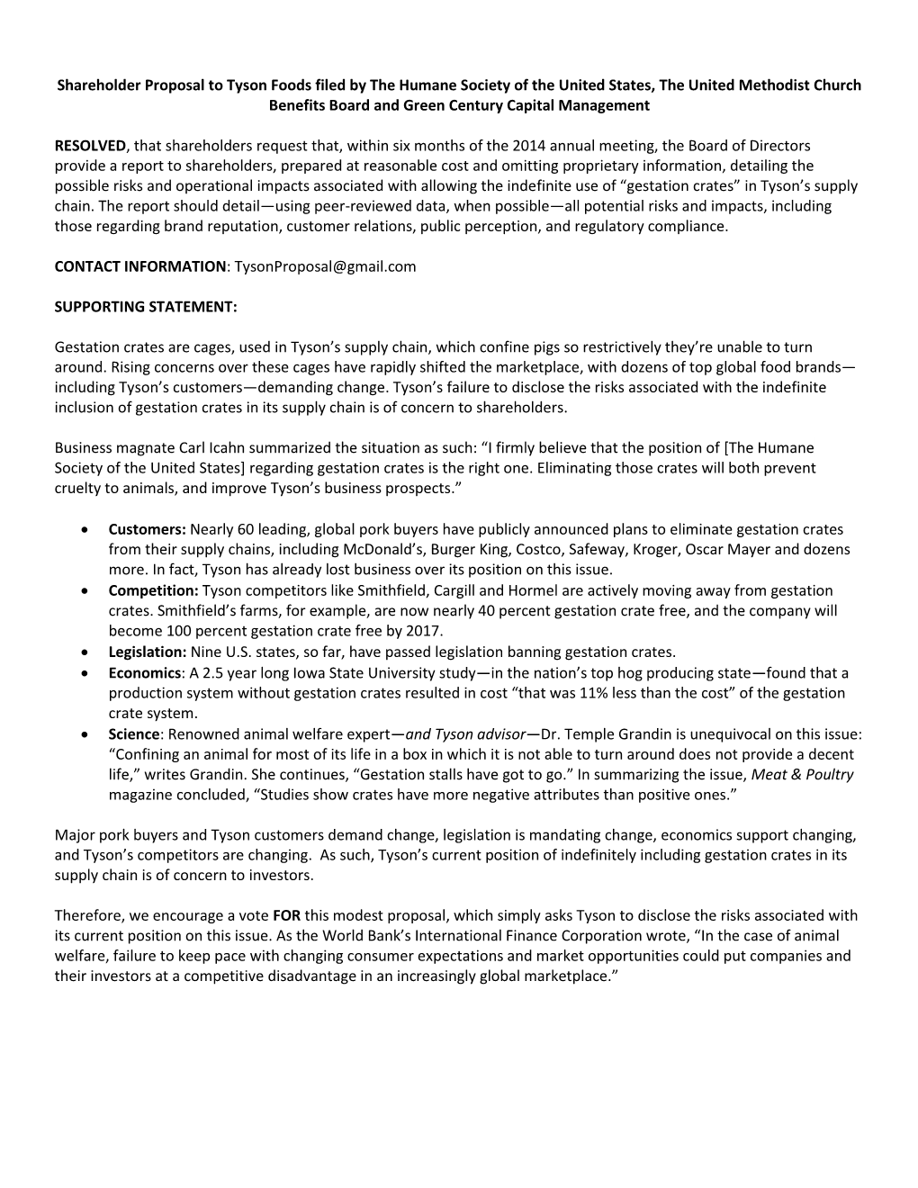 Shareholder Proposal to Tyson Foods Filed by the Humane Society of the United States, the United Methodist Church Benefits Board and Green Century Capital Management