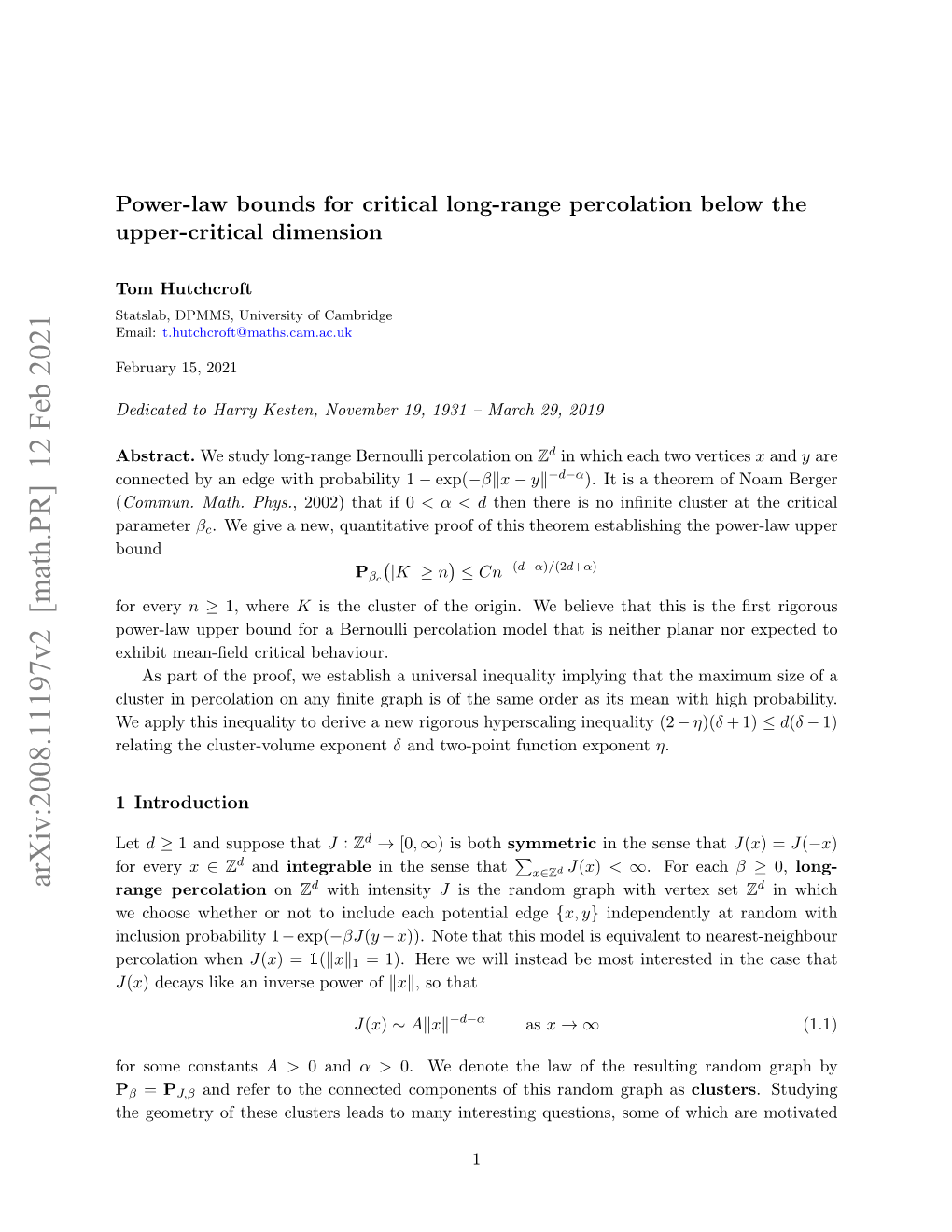 Arxiv:2008.11197V2 [Math.PR] 12 Feb 2021