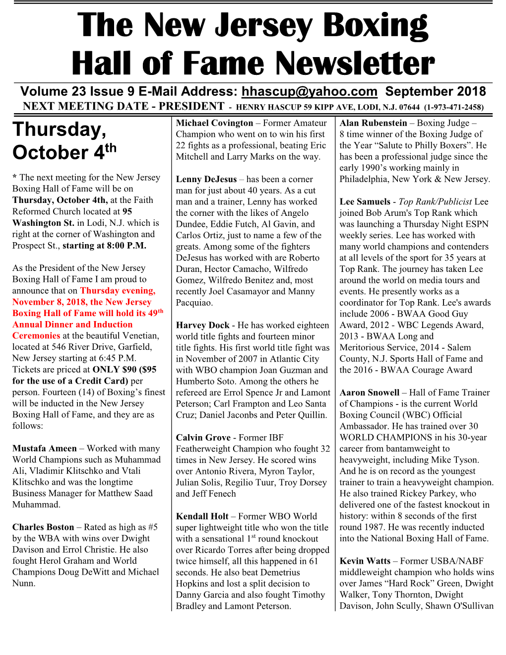 N.J. Boxing Hall of Fame Newsletter