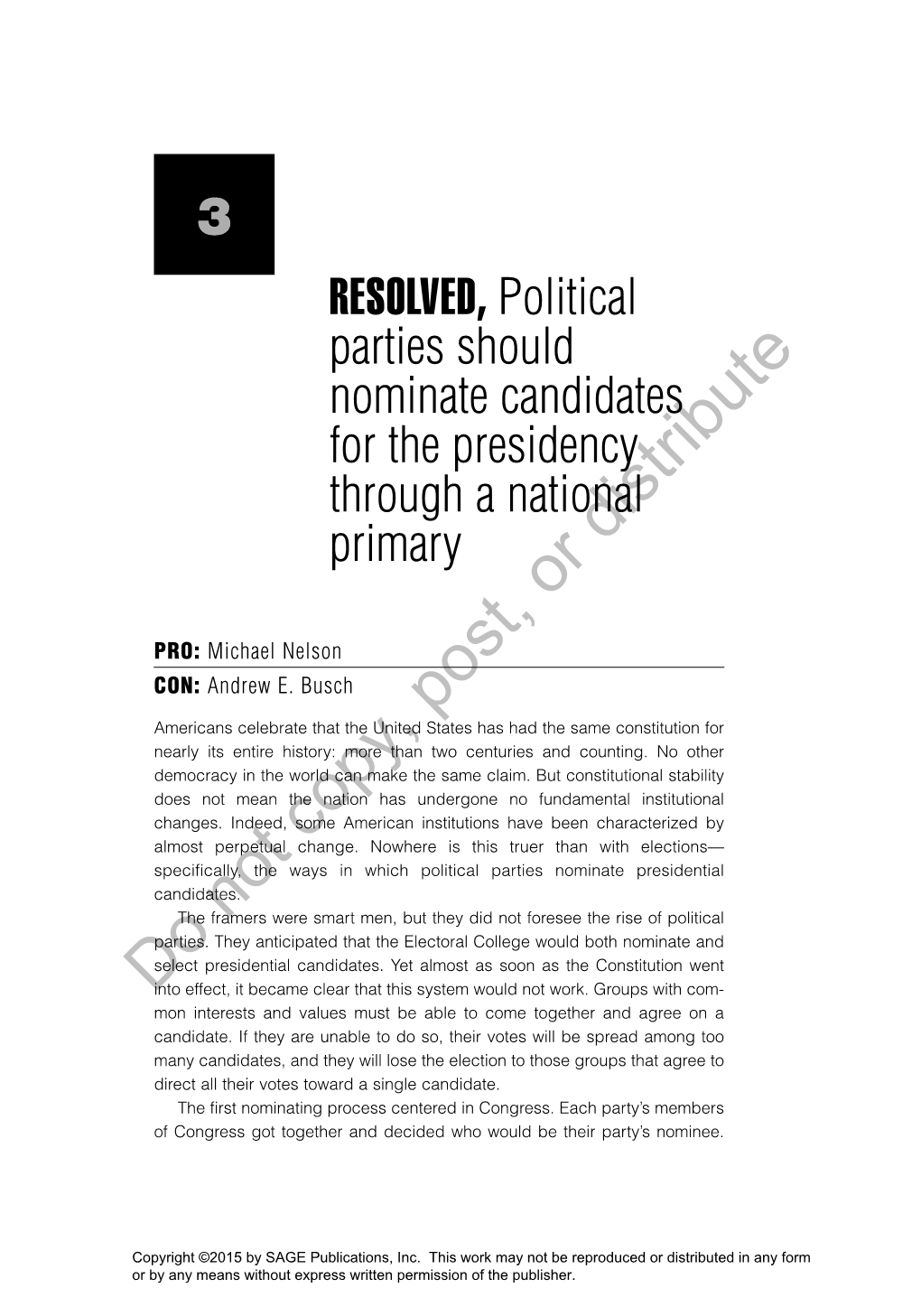 RESOLVED, Political Parties Should Nominate Candidates for the Presidency Through a National Primary Distribute Or
