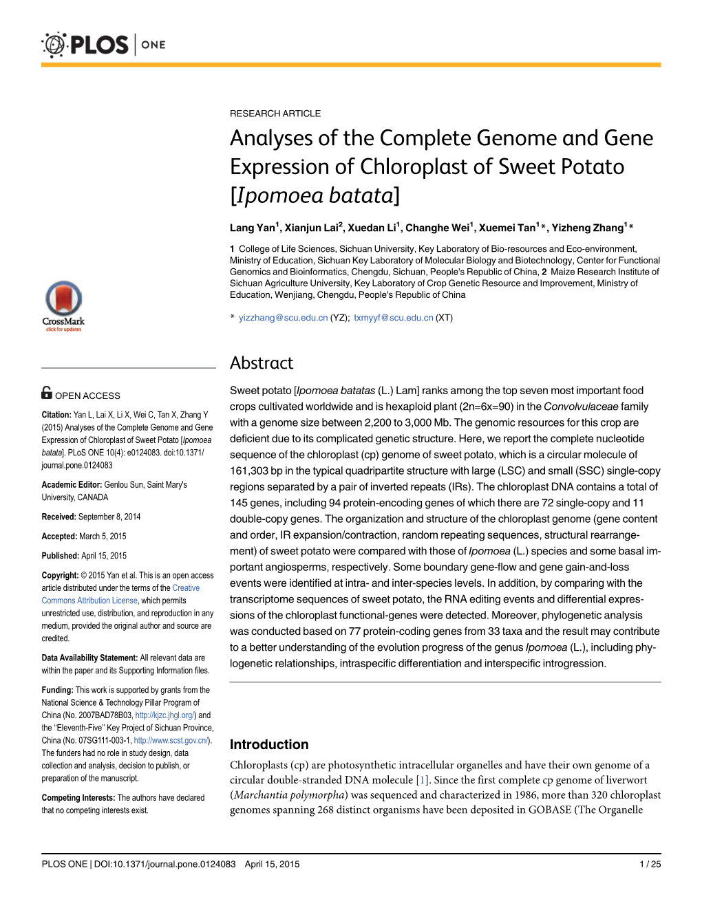 Analyses of the Complete Genome and Gene Expression of Chloroplast of Sweet Potato [Ipomoea Batata]