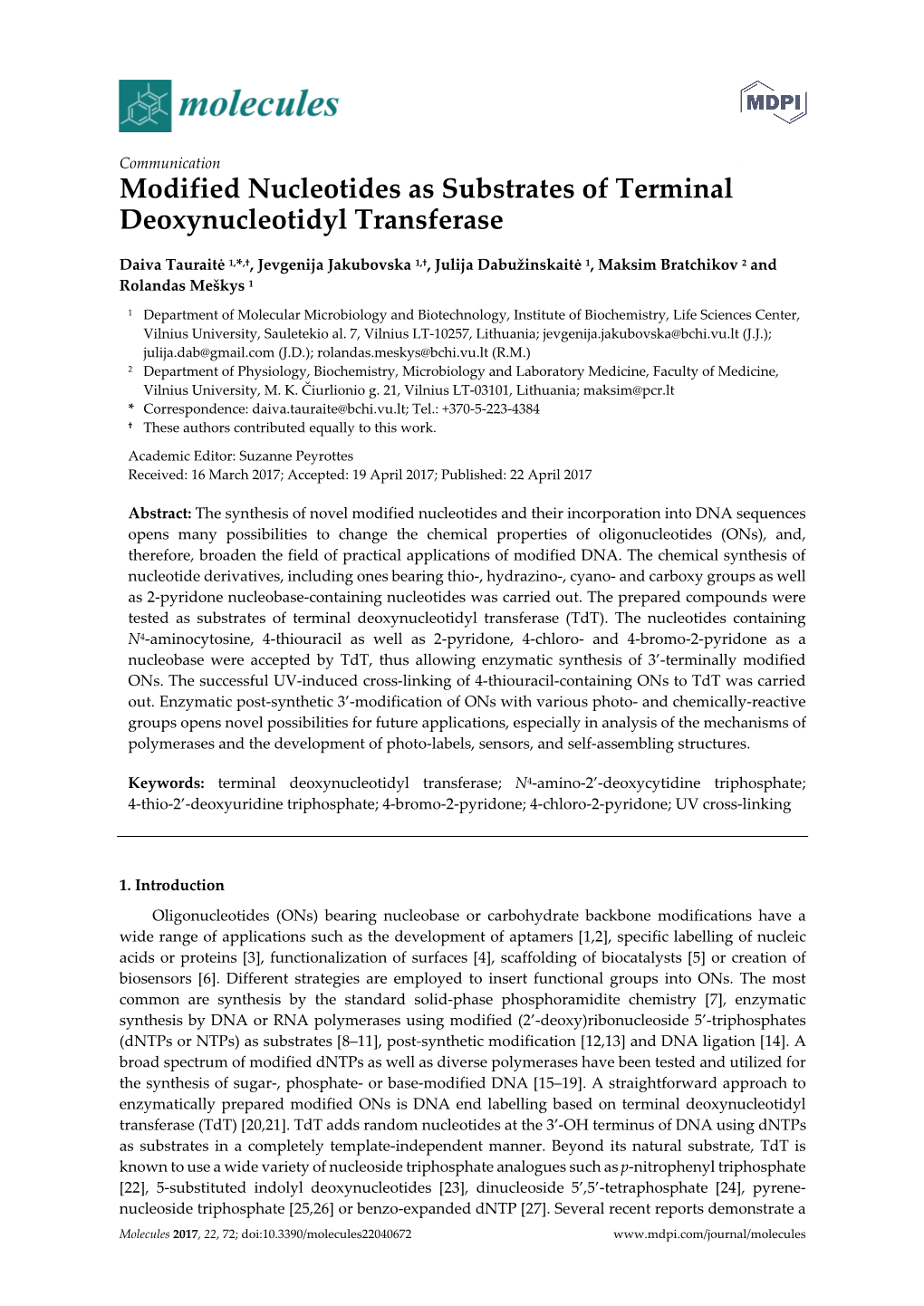 Modified Nucleotides As Substrates of Terminal Deoxynucleotidyl Transferase