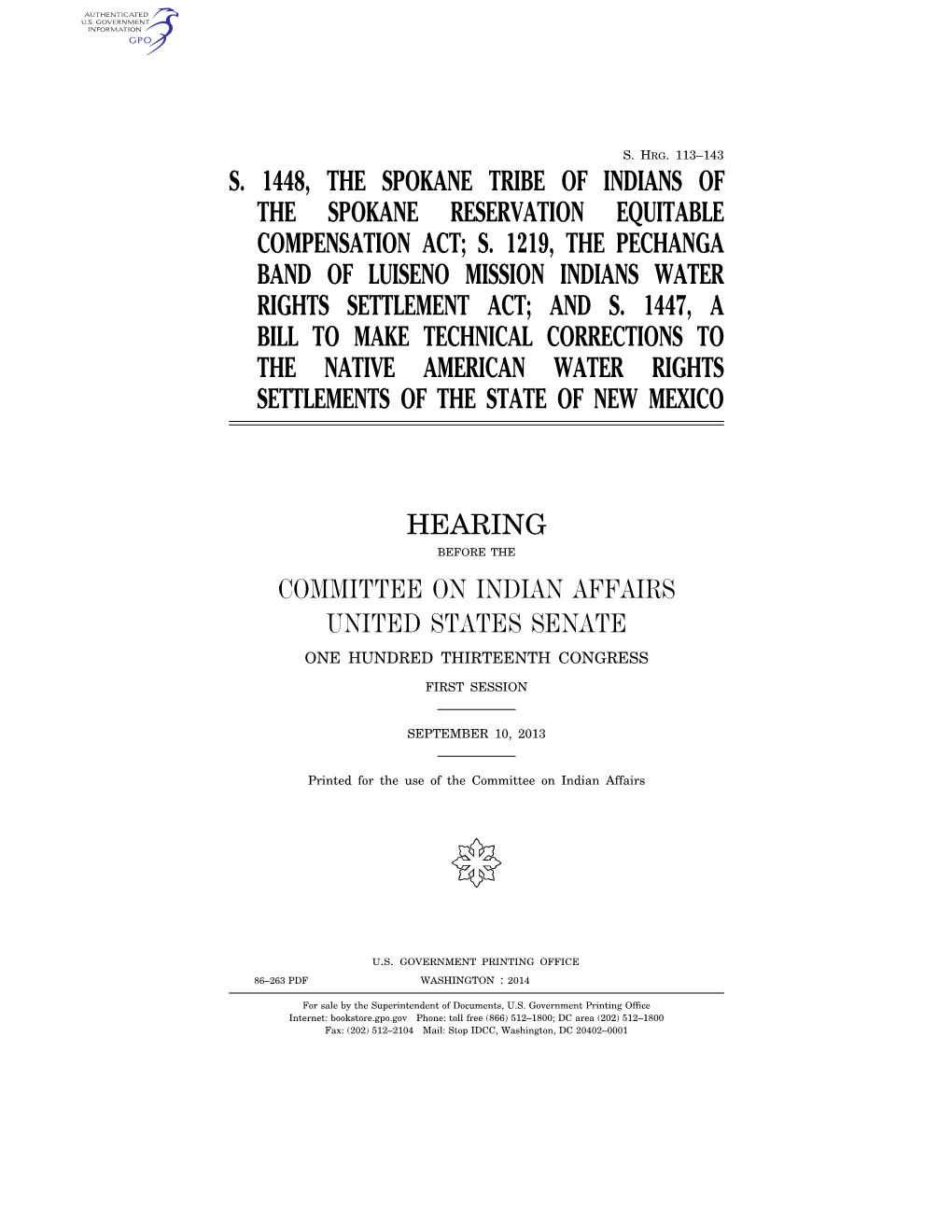 S. 1448, the Spokane Tribe of Indians of the Spokane Reservation Equitable Compensation Act; S