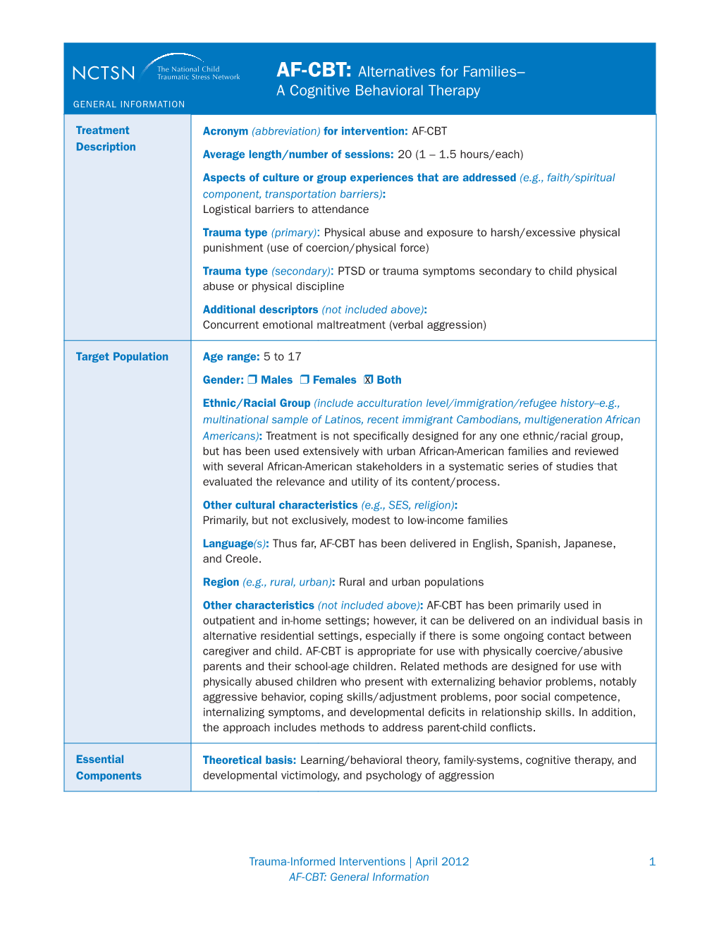 AF-CBT: Alternatives for Families– a Cognitive Behavioral Therapy GENERAL INFORMATION