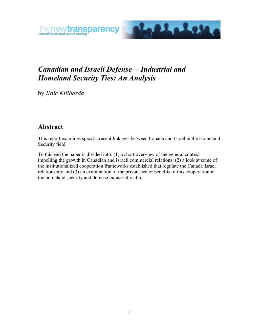 Canadian and Israeli Defense -- Industrial and Homeland Security Ties: an Analysis by Kole Kilibarda