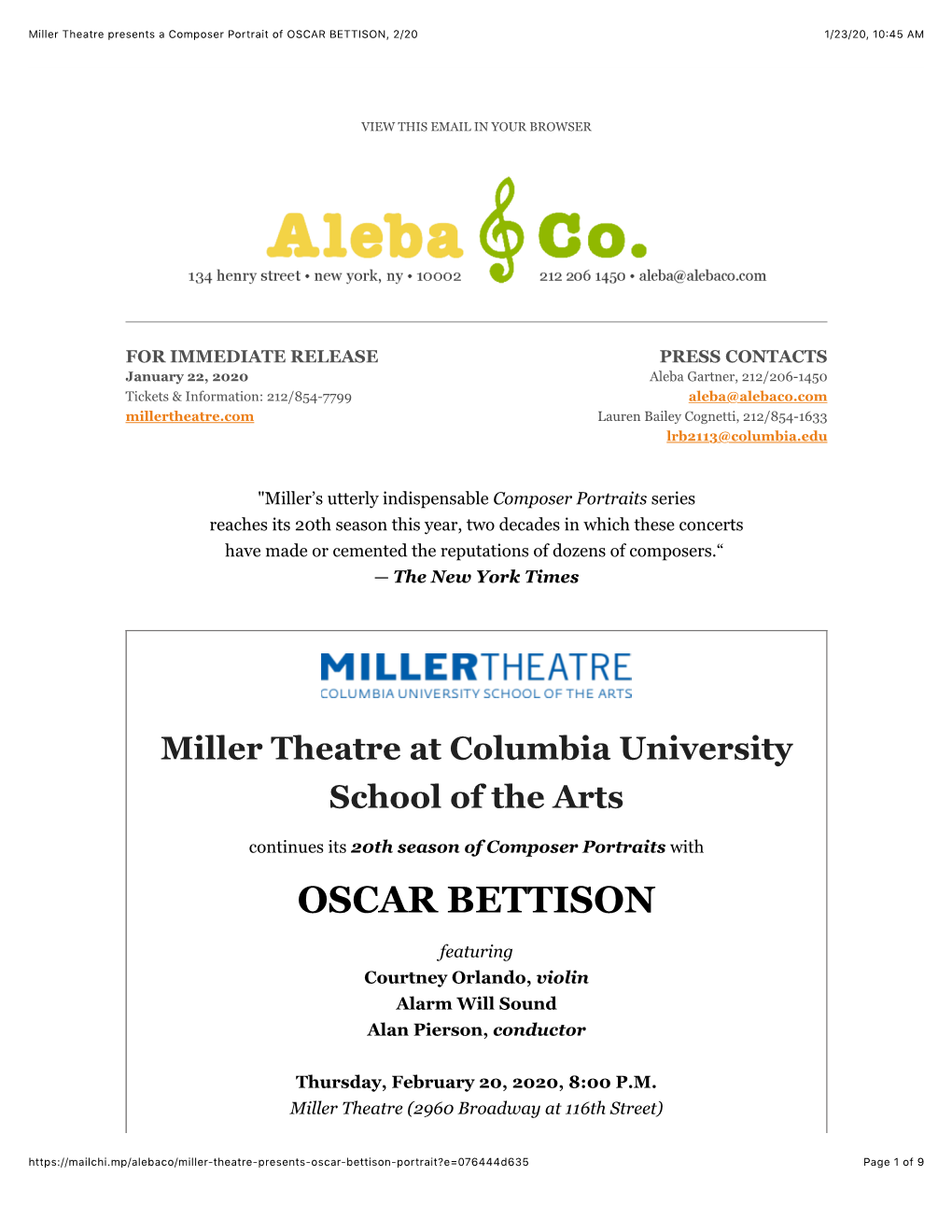 Miller Theatre Presents a Composer Portrait of OSCAR BETTISON, 2-20
