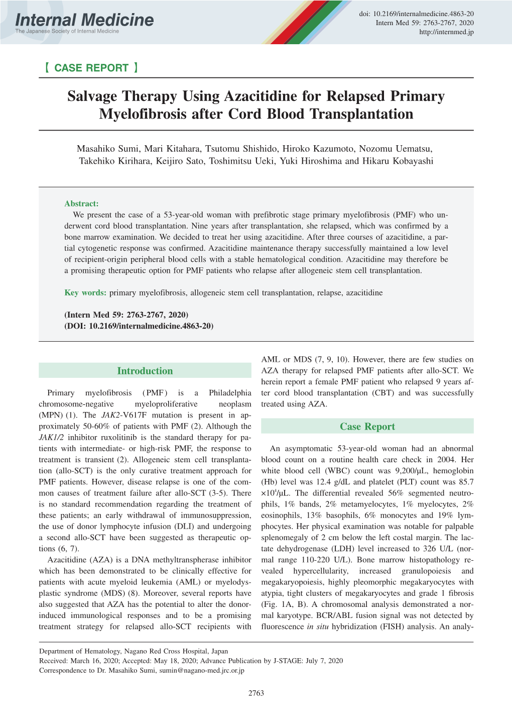 Salvage Therapy Using Azacitidine for Relapsed Primary Myelofibrosis After Cord Blood Transplantation