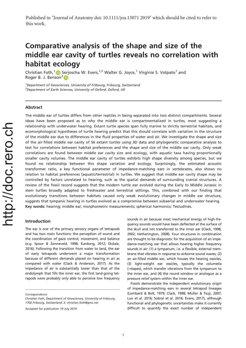 Comparative Analysis of the Shape and Size of the Middle Ear Cavity of Turtles Reveals No Correlation with Habitat Ecology Christian Foth,1 Serjoscha W