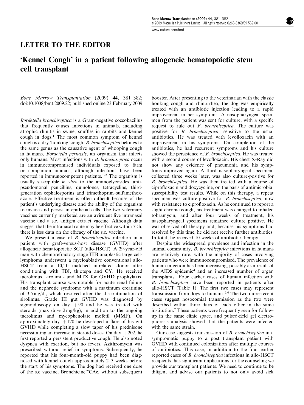 Kennel Cough’ in a Patient Following Allogeneic Hematopoietic Stem Cell Transplant