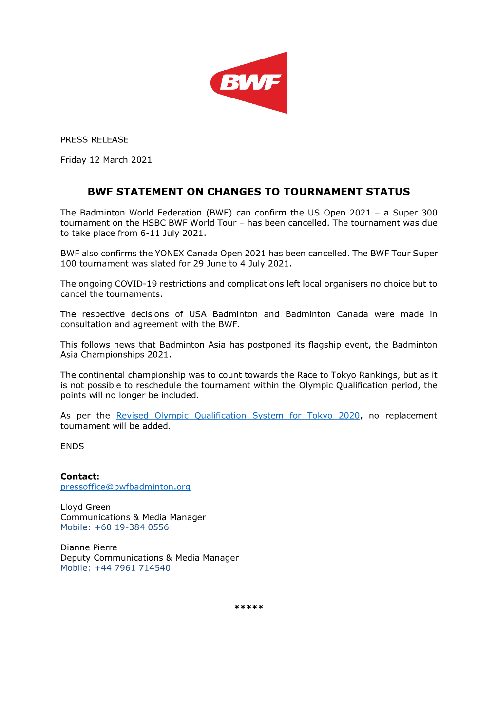 Bwf Statement on Changes to Tournament Status