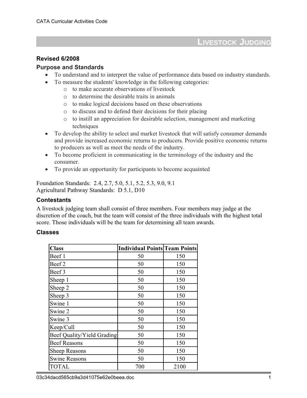 CATA Curricular Activities Code Livestock Judging