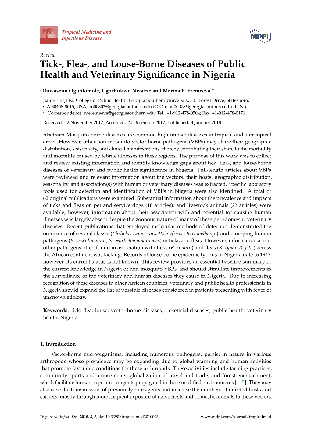 Tick-, Flea-, and Louse-Borne Diseases of Public Health and Veterinary Significance in Nigeria