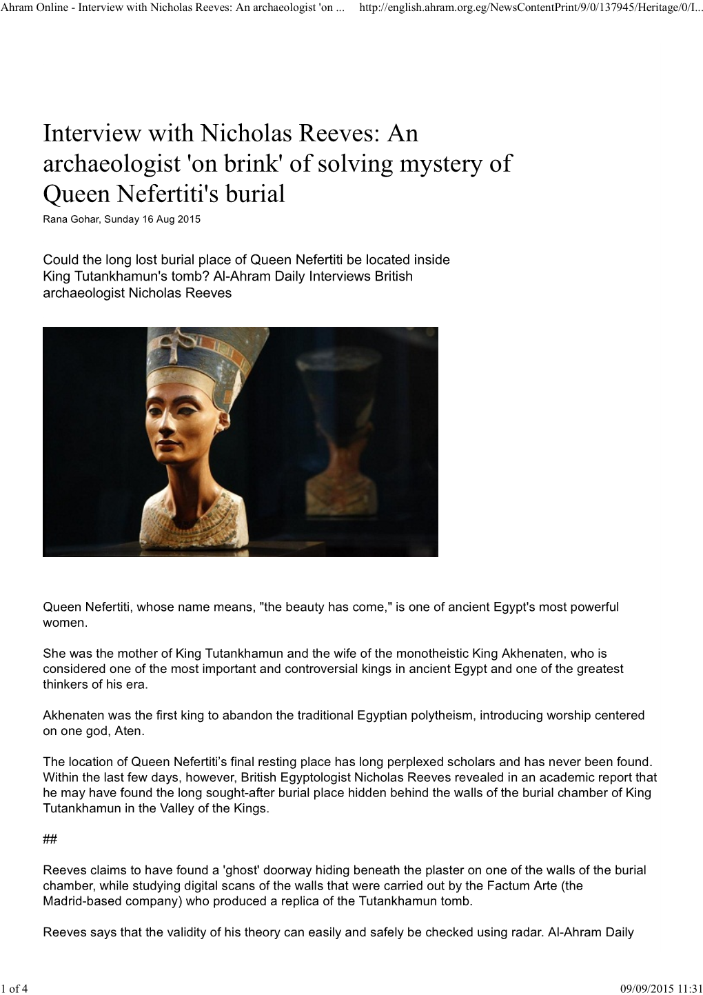 Of Solving Mystery of Queen Nefertiti's Burial Rana Gohar, Sunday 16 Aug 2015