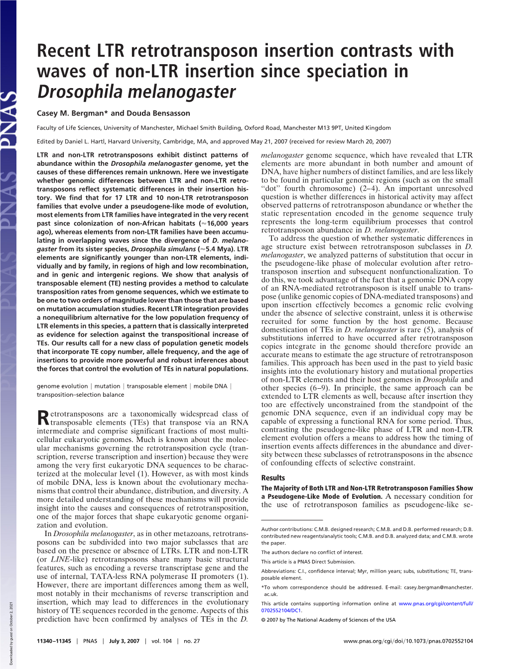 Recent LTR Retrotransposon Insertion Contrasts with Waves of Non-LTR Insertion Since Speciation in Drosophila Melanogaster
