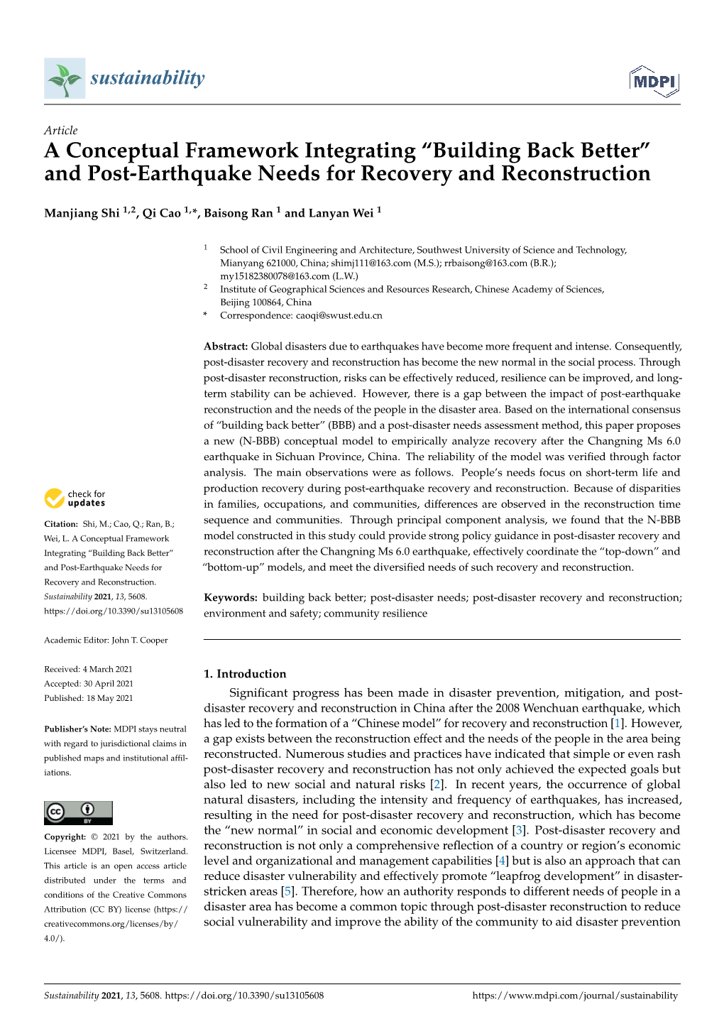 A Conceptual Framework Integrating “Building Back Better” and Post-Earthquake Needs for Recovery and Reconstruction