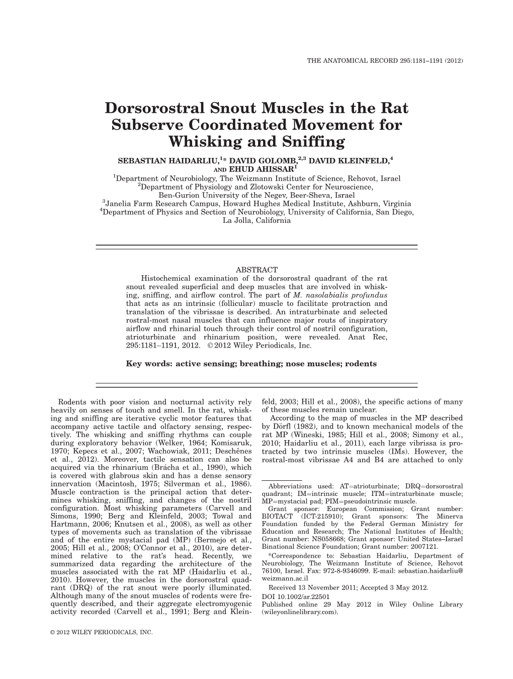 Dorsorostral Snout Muscles in the Rat Subserve Coordinated Movement for Whisking and Sniffing