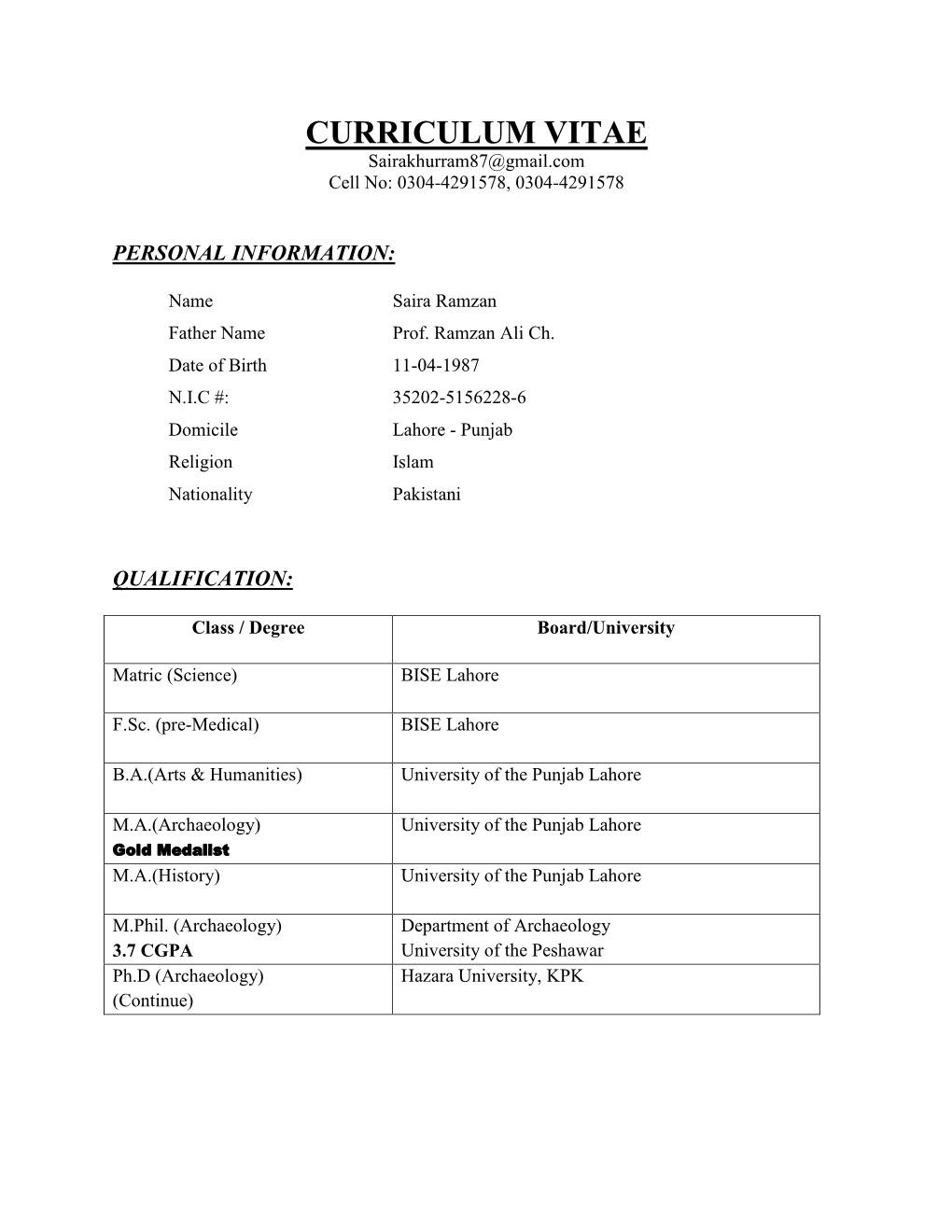 CV of Miss. Saira Ramzan