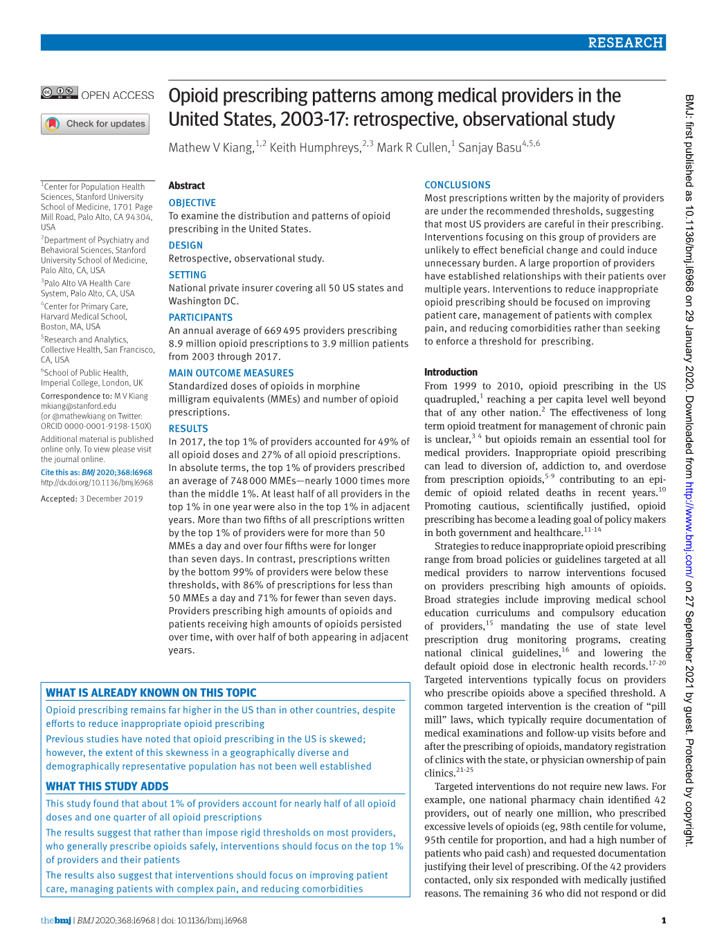 Opioid Prescribing Patterns Among Medical Providers in the BMJ: First Published As 10.1136/Bmj.L6968 on 29 January 2020