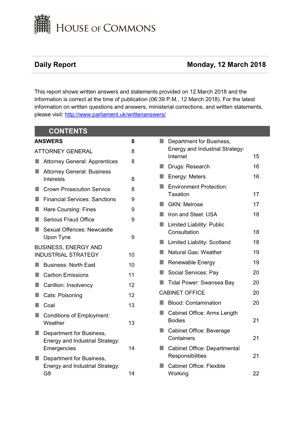 Daily Report Monday, 12 March 2018 CONTENTS