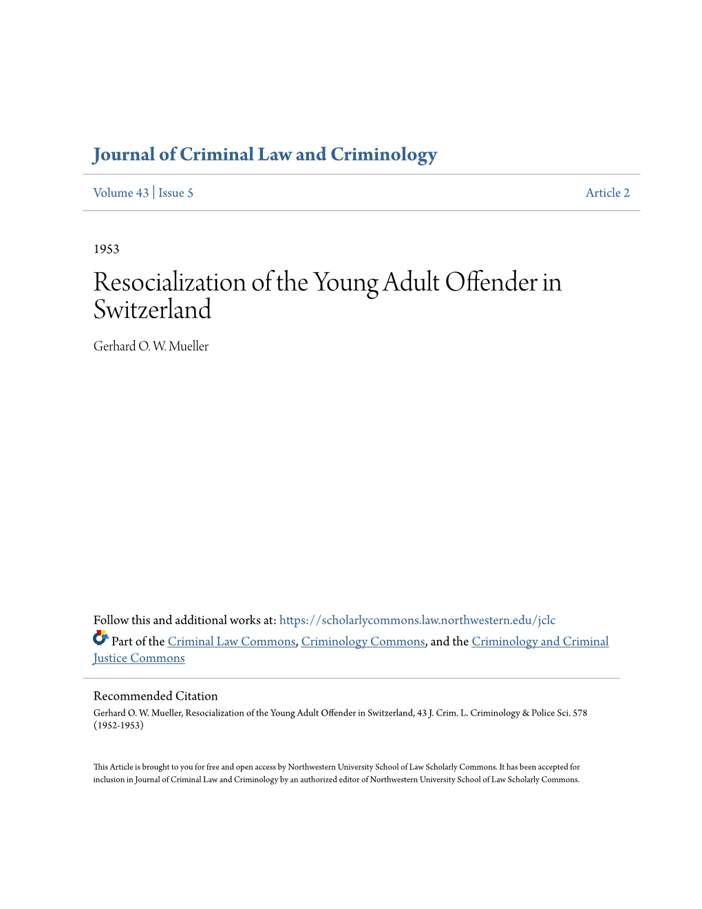 Resocialization of the Young Adult Offender in Switzerland Gerhard O