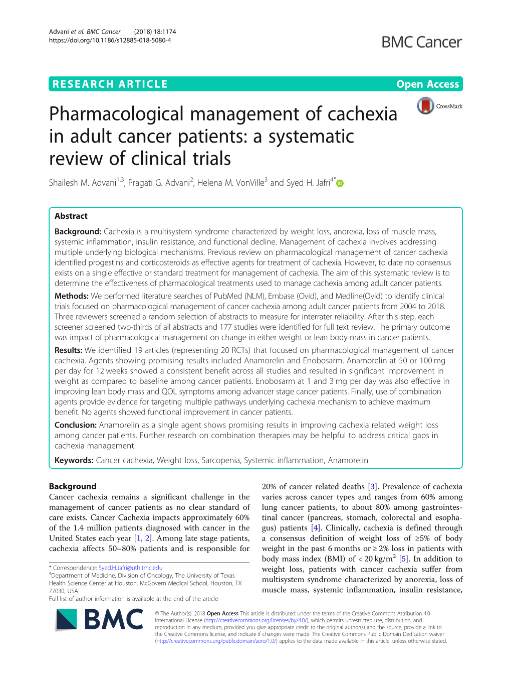 Pharmacological Management of Cachexia in Adult Cancer Patients: a Systematic Review of Clinical Trials Shailesh M
