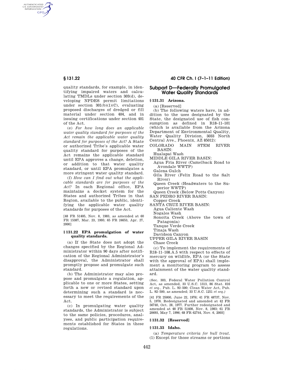 442 Subpart D—Federally Promulgated Water Quality Standards