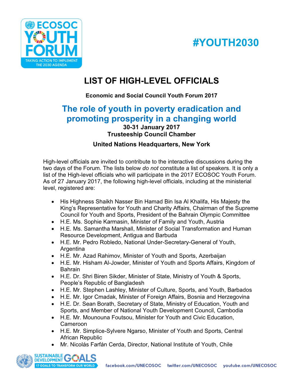 List of the High-Level Officials Who Will Participate in the 2017 ECOSOC Youth Forum