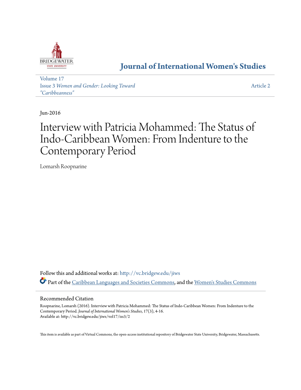 Interview with Patricia Mohammed: the Status of Indo-Caribbean Women: from Indenture to the Contemporary Period1
