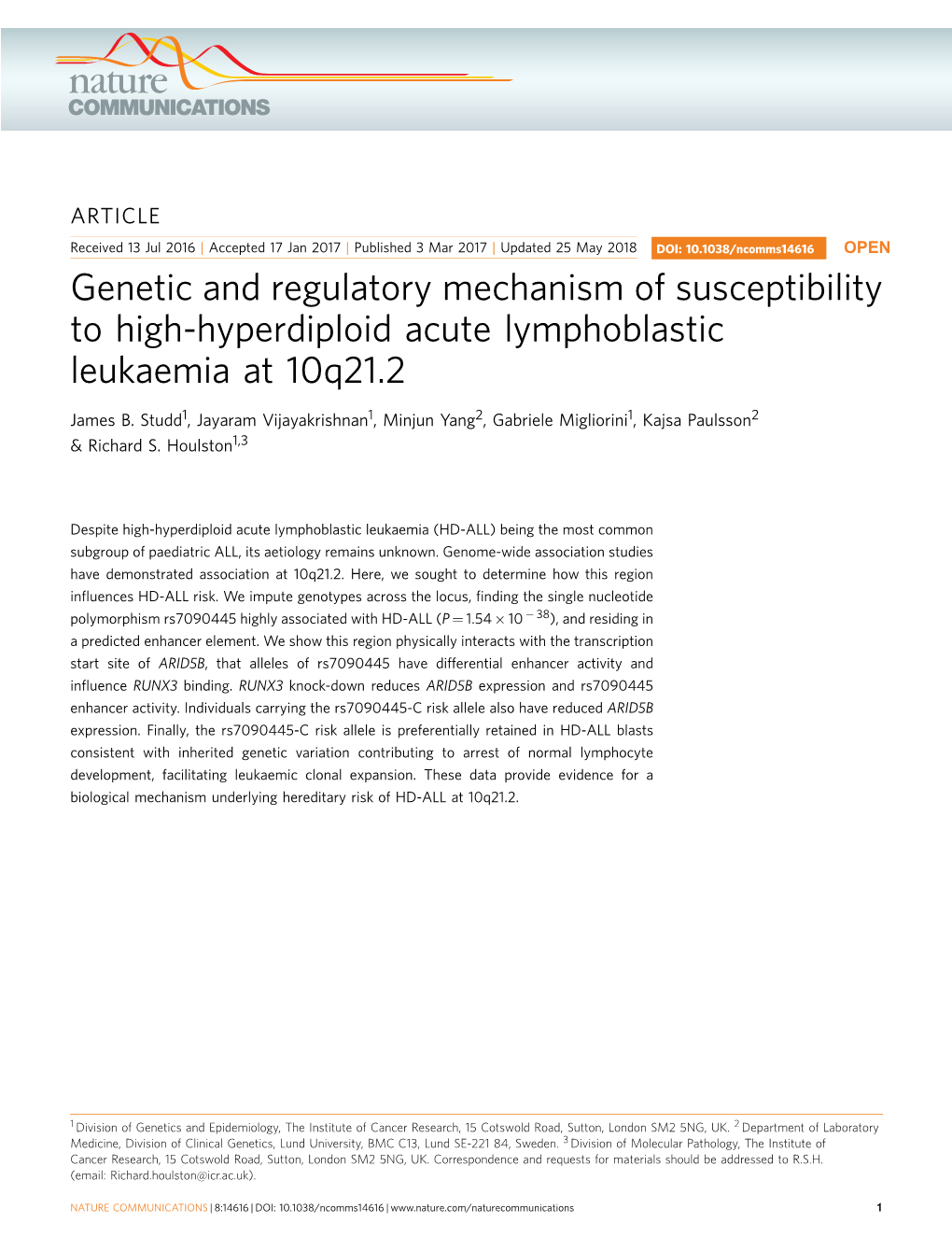 Genetic and Regulatory Mechanism of Susceptibility to High-Hyperdiploid Acute Lymphoblastic Leukaemia at 10P21.2