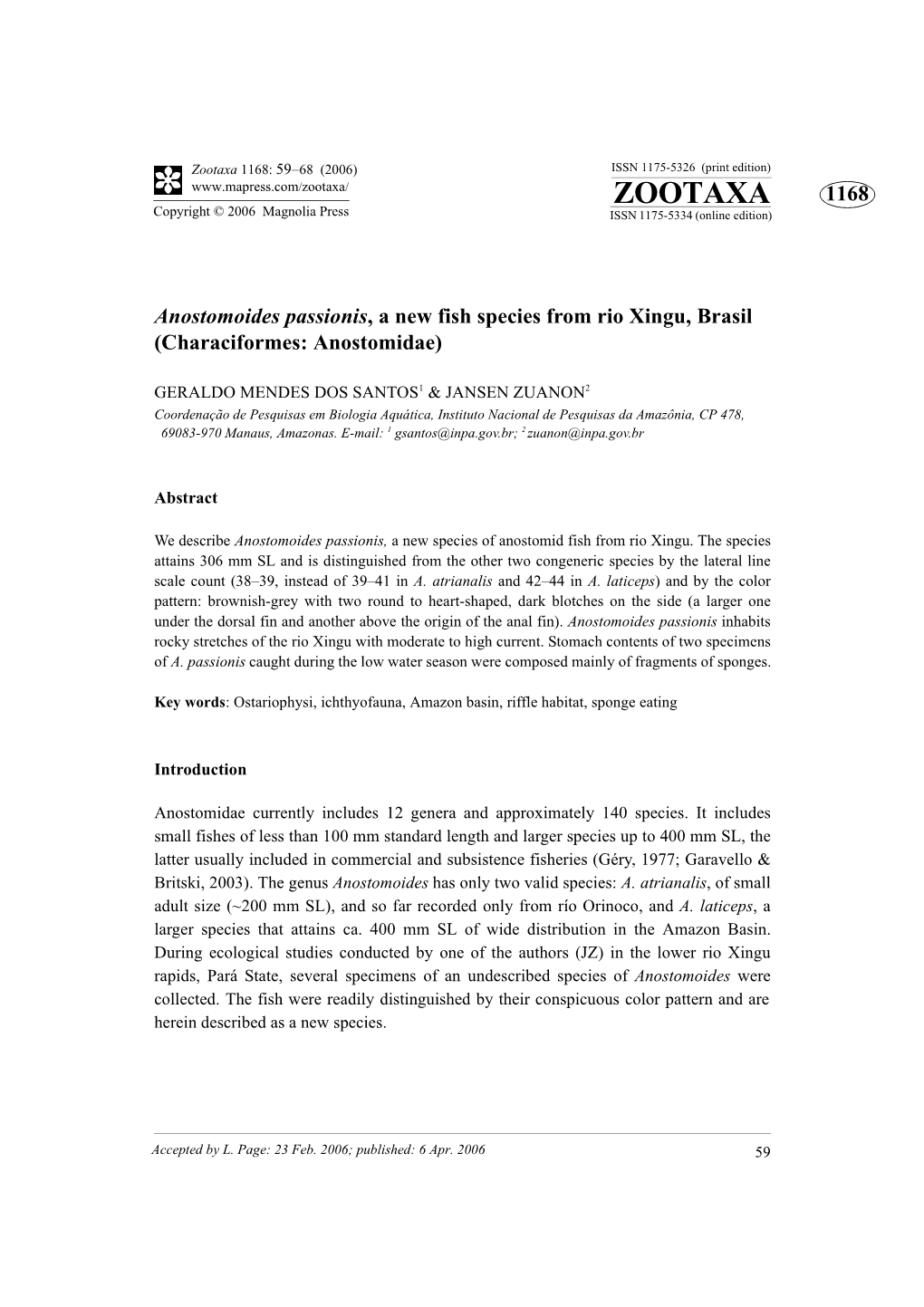 Zootaxa, Anostomoides Passionis, a New Fish (Characiformes