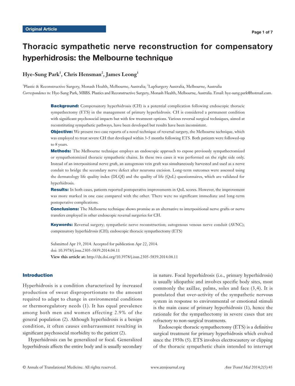 Thoracic Sympathetic Nerve Reconstruction for Compensatory Hyperhidrosis: the Melbourne Technique