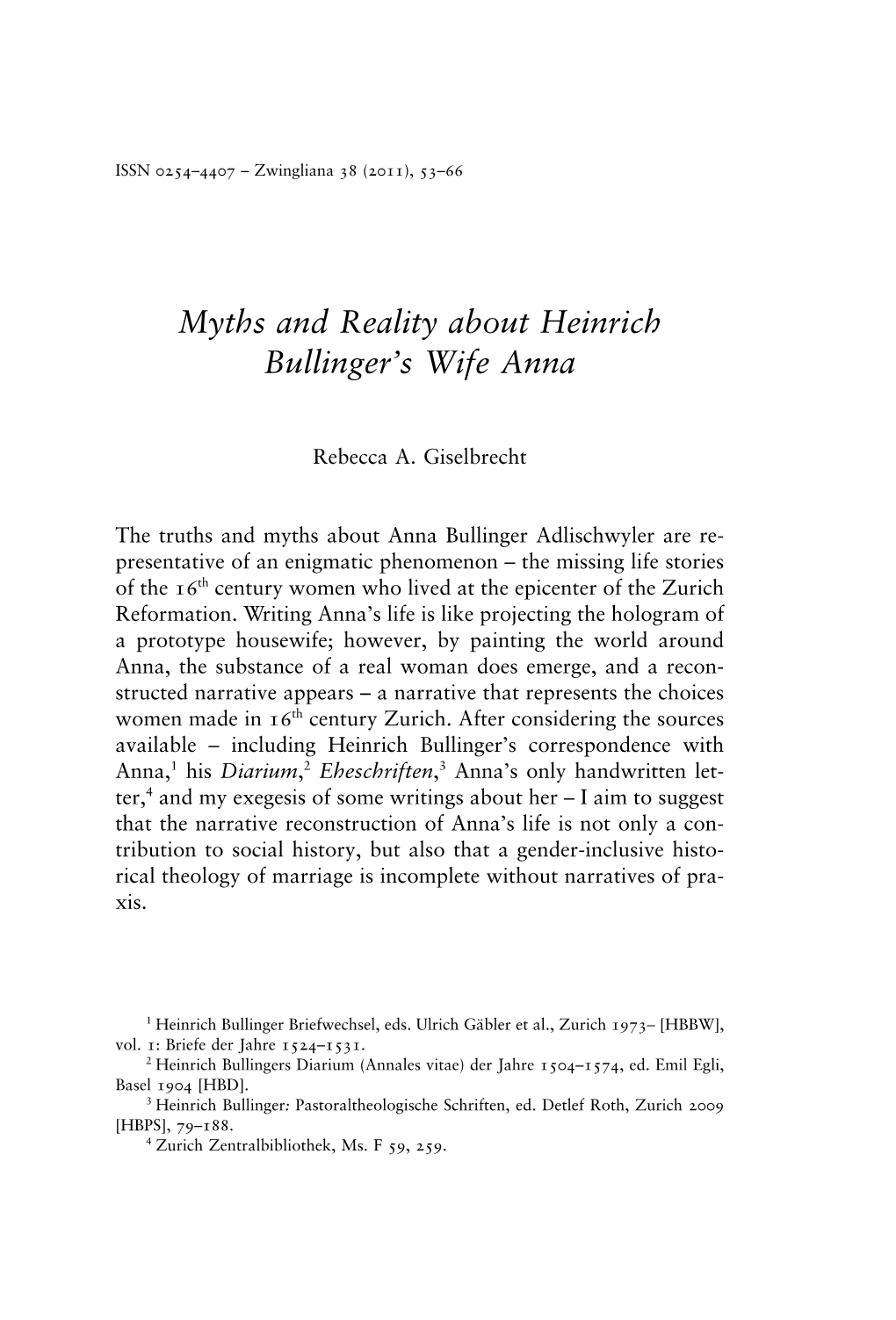 Myths and Reality About Heinrich Bullinger's Wife Anna