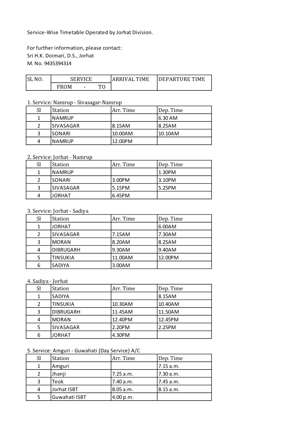 Service-Wise Timetable Operated by Jorhat Division. For