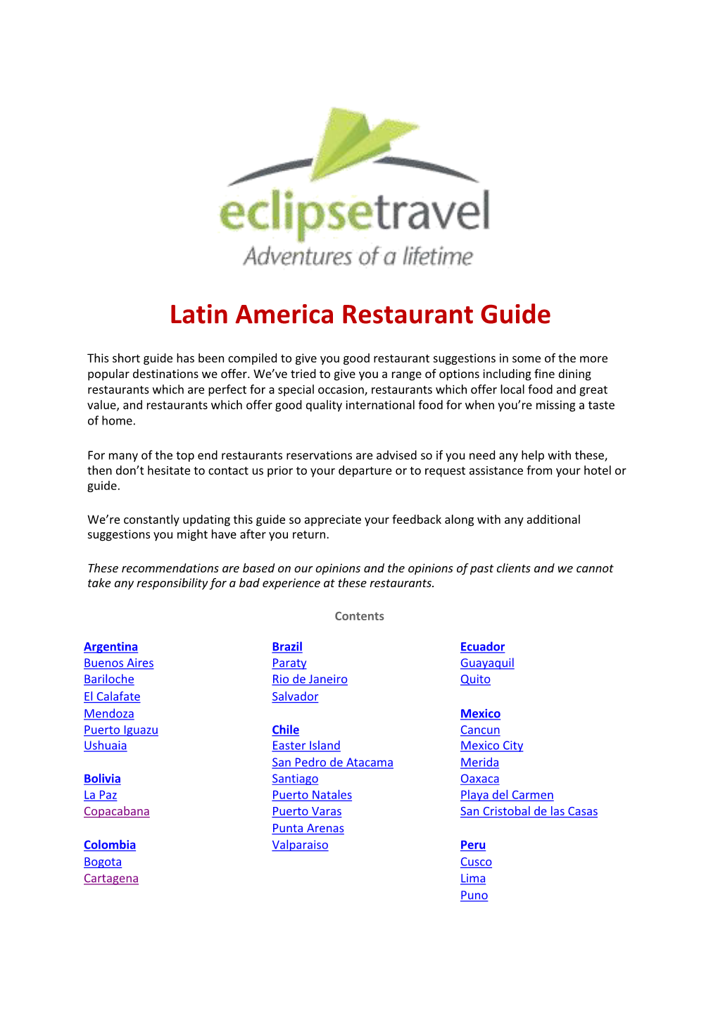 Latin America Restaurant Guide