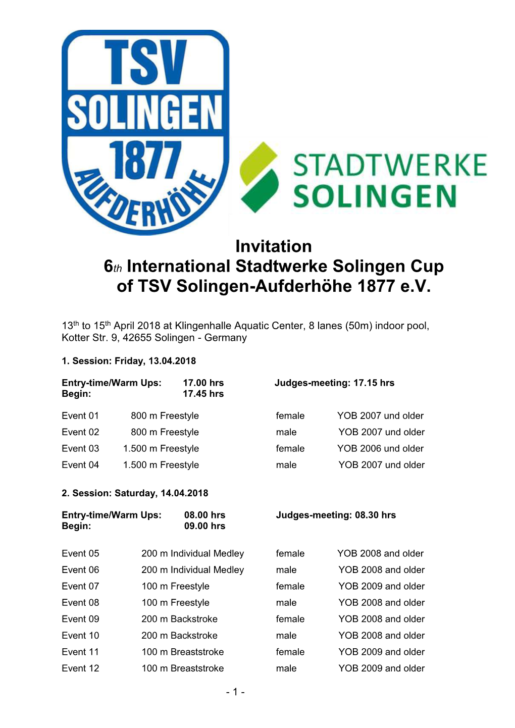 Invitation 6Th International Stadtwerke Solingen Cup of TSV Solingen-Aufderhöhe 1877 E.V